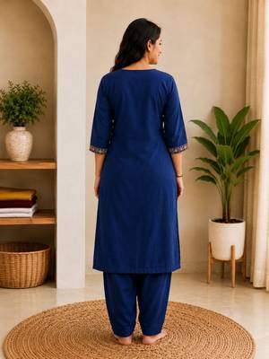 Cotton blend blue embroidered kurta with pant set for women 4