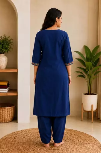 Cotton blend blue embroidered kurta with pant set for women