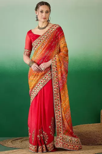Bandhani Sequinned Pure Chiffon Half and Half Bandhani Saree