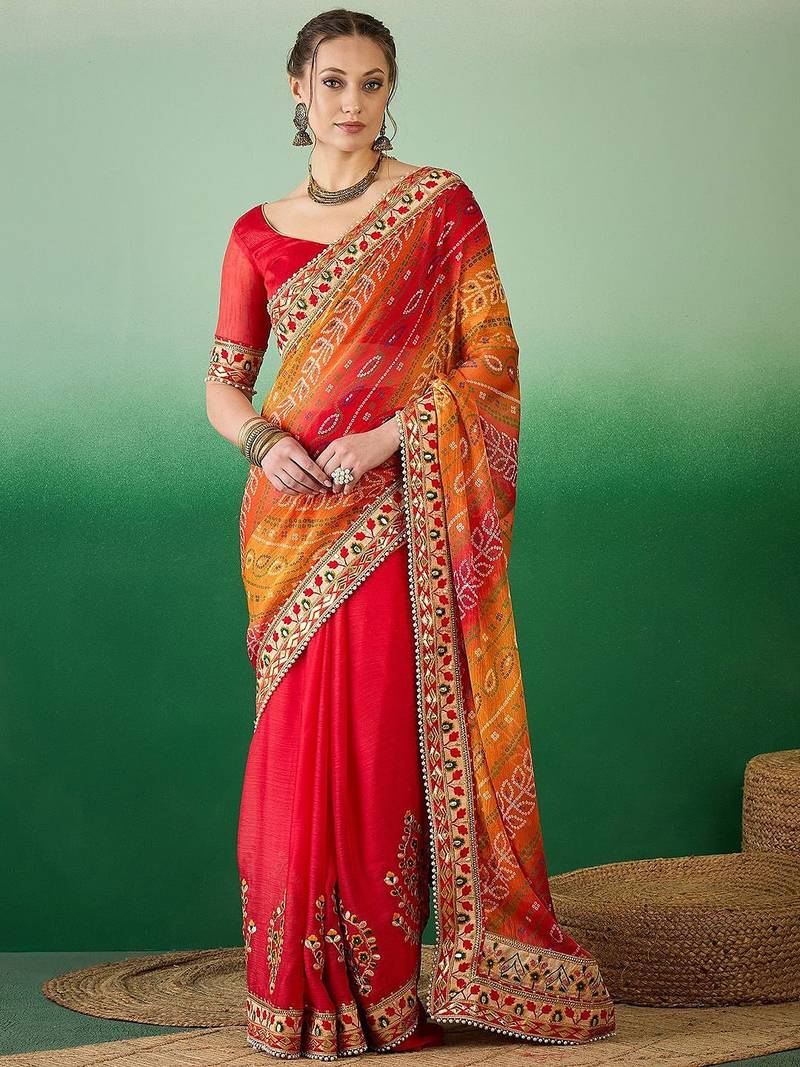 Bandhani Sequinned Pure Chiffon Half and Half Bandhani Saree