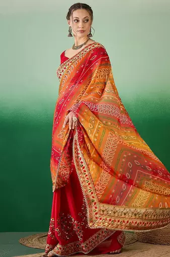 Bandhani Sequinned Pure Chiffon Half and Half Bandhani Saree
