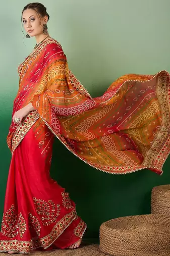 Bandhani Sequinned Pure Chiffon Half and Half Bandhani Saree