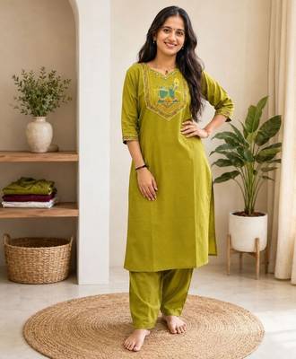 Cotton blend mehendi embroidered kurta with pant set for women 1