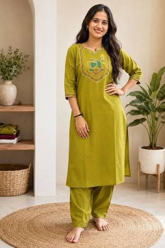 Cotton blend mehendi embroidered kurta with pant set for women
