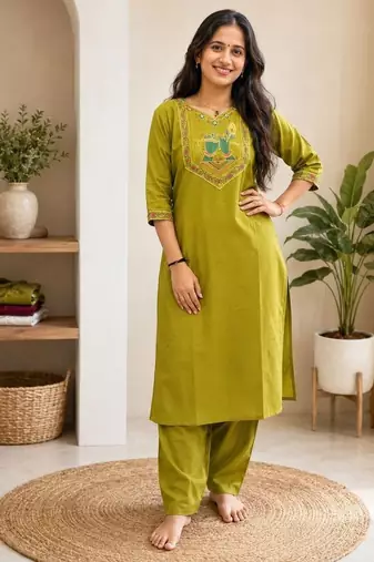 Cotton blend mehendi embroidered kurta with pant set for women