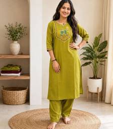 Cotton blend mehendi embroidered kurta with pant set for women