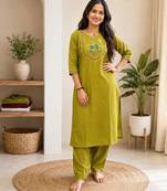 Cotton blend mehendi embroidered kurta with pant set for women