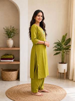 Cotton blend mehendi embroidered kurta with pant set for women 2