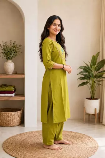 Cotton blend mehendi embroidered kurta with pant set for women