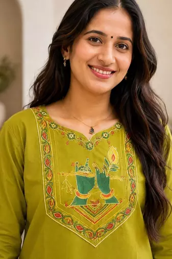 Cotton blend mehendi embroidered kurta with pant set for women