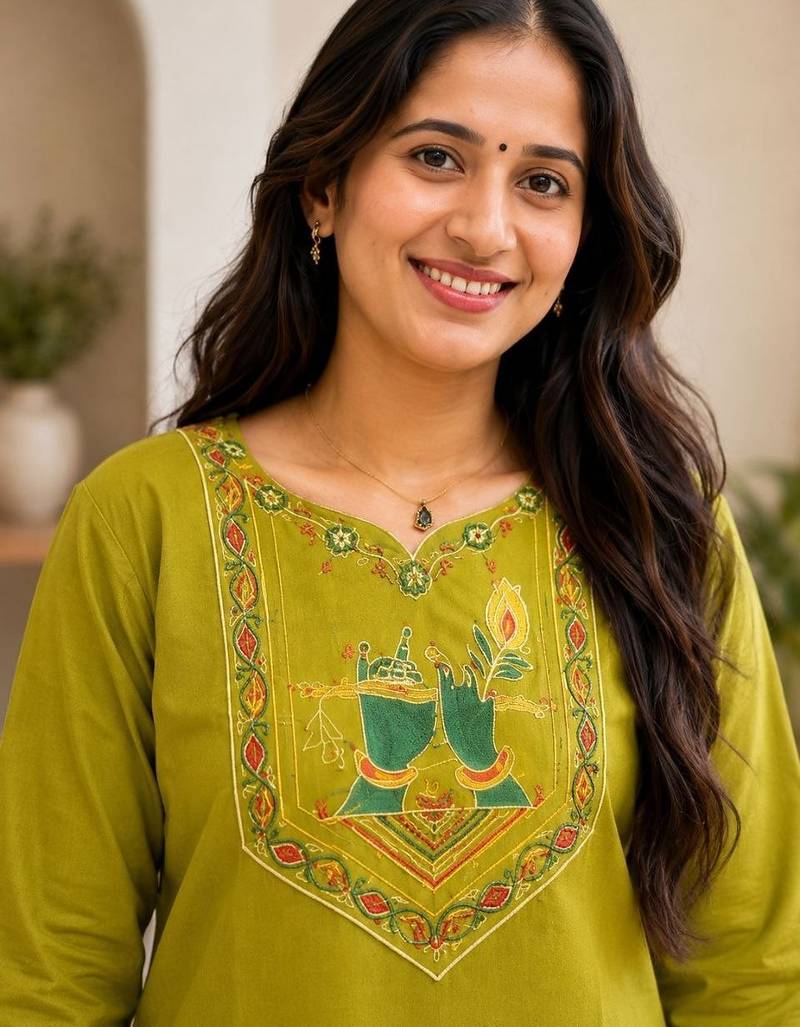 Cotton blend mehendi embroidered kurta with pant set for women