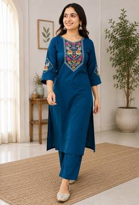 Cotton blend blue embroidered kurta with pant set for women 1