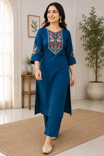 Cotton blend blue embroidered kurta with pant set for women