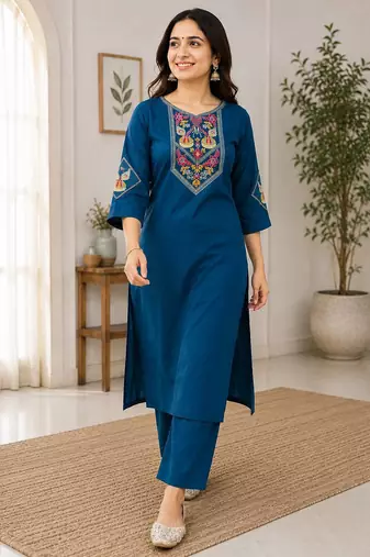Cotton blend blue embroidered kurta with pant set for women