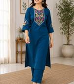Cotton blend blue embroidered kurta with pant set for women