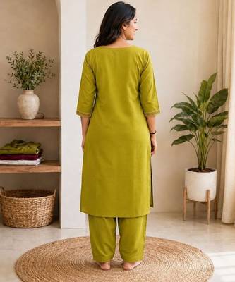 Cotton blend mehendi embroidered kurta with pant set for women 4