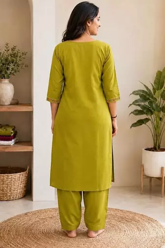 Cotton blend mehendi embroidered kurta with pant set for women