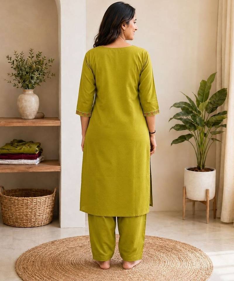 Cotton blend mehendi embroidered kurta with pant set for women