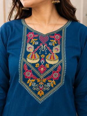 Cotton blend blue embroidered kurta with pant set for women 2