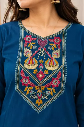 Cotton blend blue embroidered kurta with pant set for women