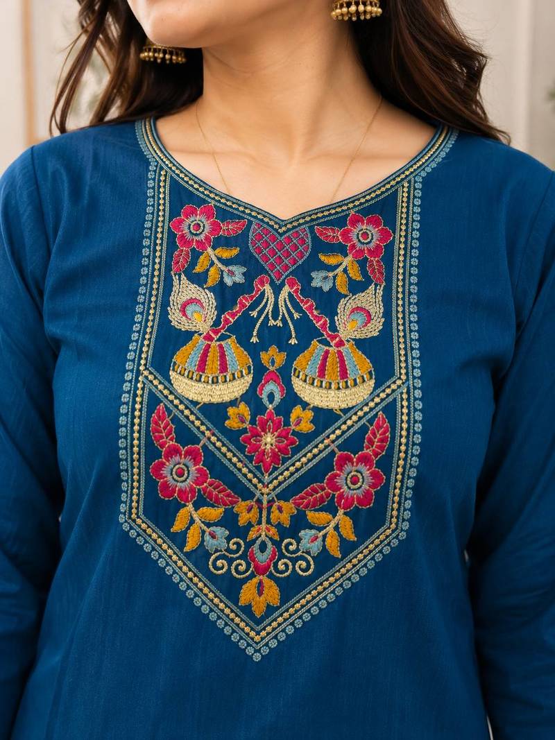 Cotton blend blue embroidered kurta with pant set for women
