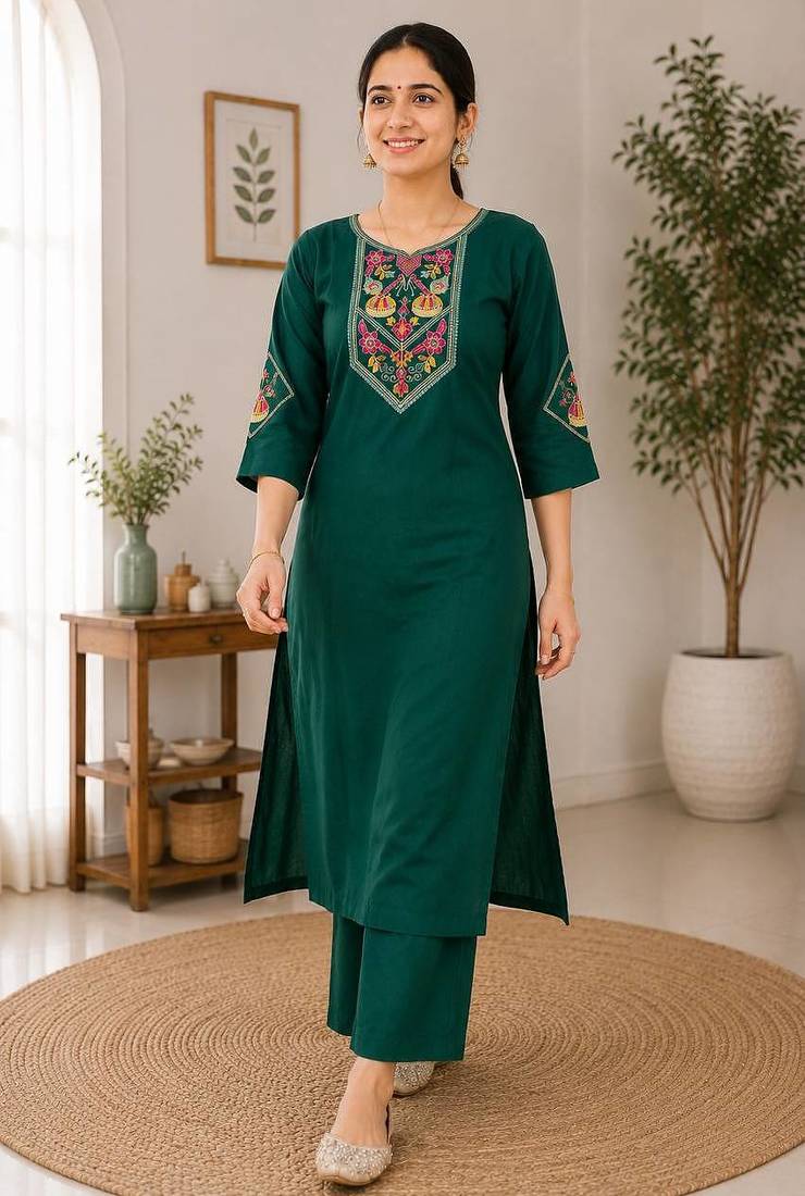 Cotton blend bottle green embroidered kurta with pant set for women