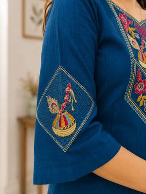 Cotton blend blue embroidered kurta with pant set for women 3