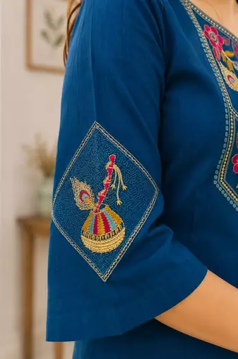 Cotton blend blue embroidered kurta with pant set for women