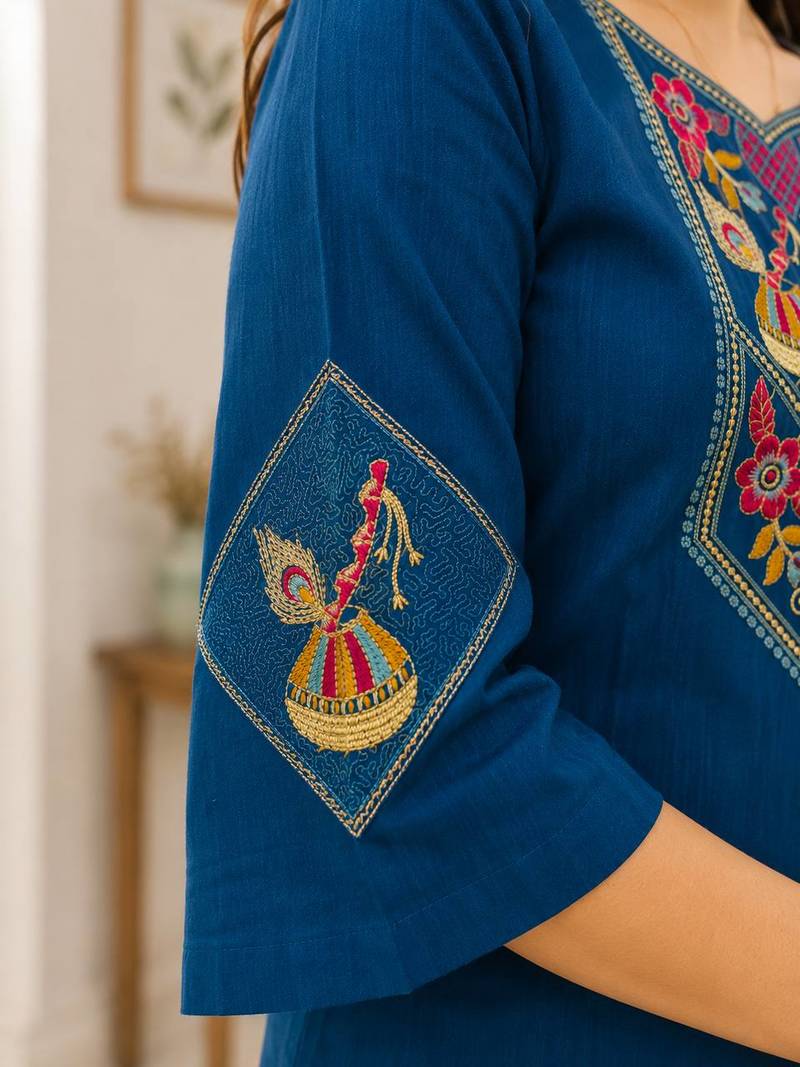 Cotton blend blue embroidered kurta with pant set for women