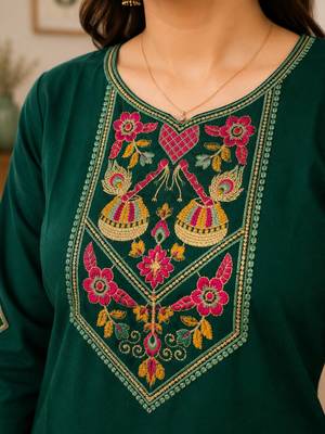 Cotton blend bottle green embroidered kurta with pant set for women 2