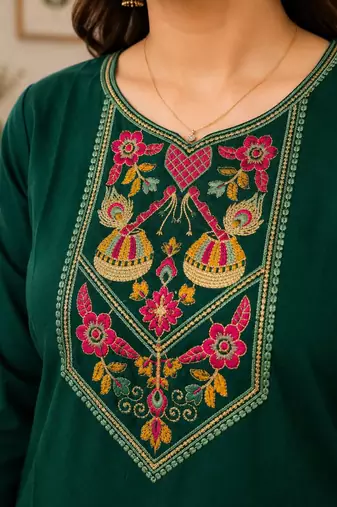 Cotton blend bottle green embroidered kurta with pant set for women