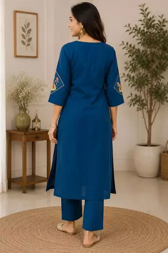 Cotton blend blue embroidered kurta with pant set for women