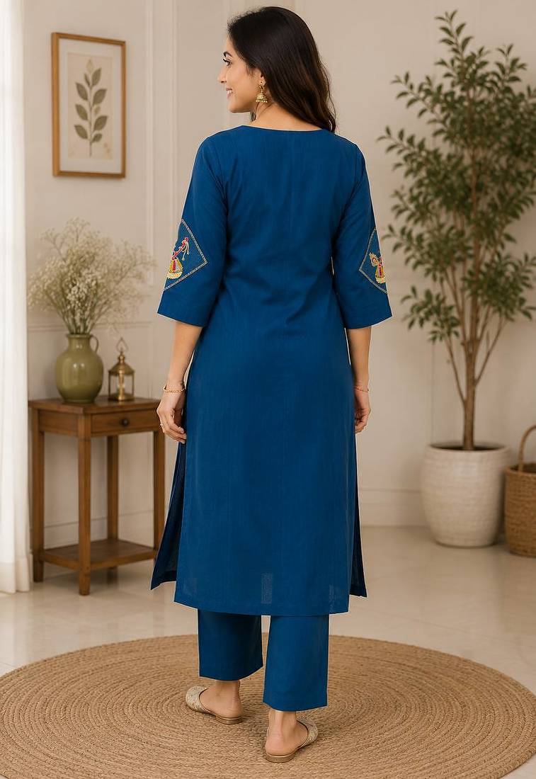 Cotton blend blue embroidered kurta with pant set for women