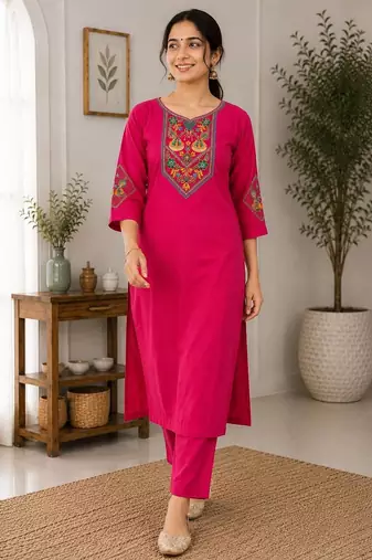 Cotton blend pink embroidered kurta with pant set for women