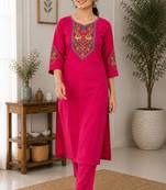 Cotton blend pink embroidered kurta with pant set for women