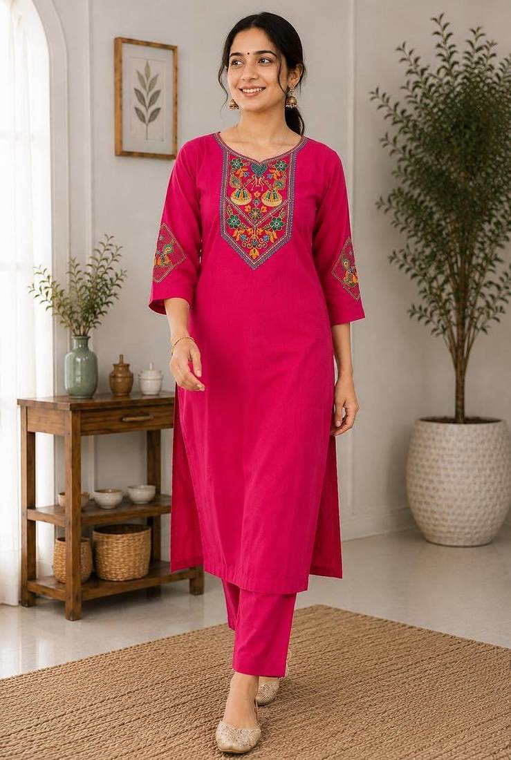 Cotton blend pink embroidered kurta with pant set for women