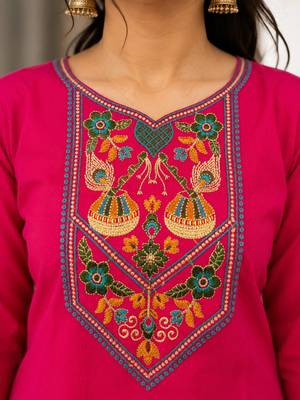Cotton blend pink embroidered kurta with pant set for women 2