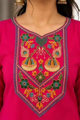 Cotton blend pink embroidered kurta with pant set for women