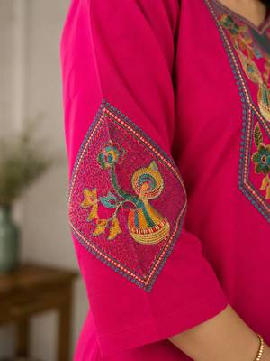 Cotton blend pink embroidered kurta with pant set for women 3