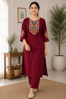 Cotton blend maroon embroidered kurta with pant set for women 1