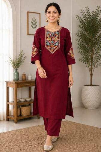 Cotton blend maroon embroidered kurta with pant set for women