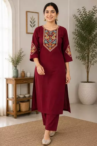 Cotton blend maroon embroidered kurta with pant set for women