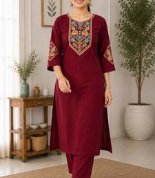 Cotton blend maroon embroidered kurta with pant set for women