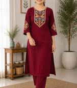 Cotton blend maroon embroidered kurta with pant set for women