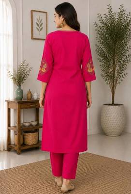 Cotton blend pink embroidered kurta with pant set for women 4