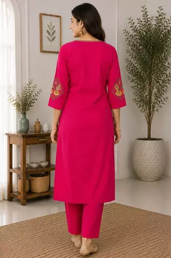Cotton blend pink embroidered kurta with pant set for women
