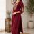 Cotton blend maroon embroidered kurta with pant set for women