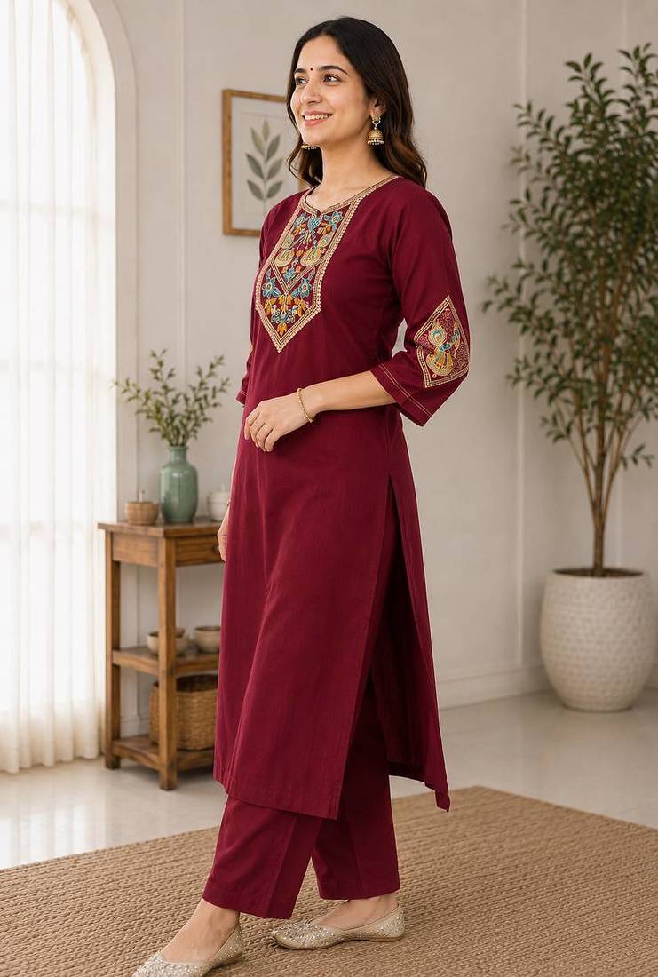 Cotton blend maroon embroidered kurta with pant set for women