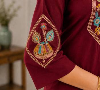 Cotton blend maroon embroidered kurta with pant set for women 3