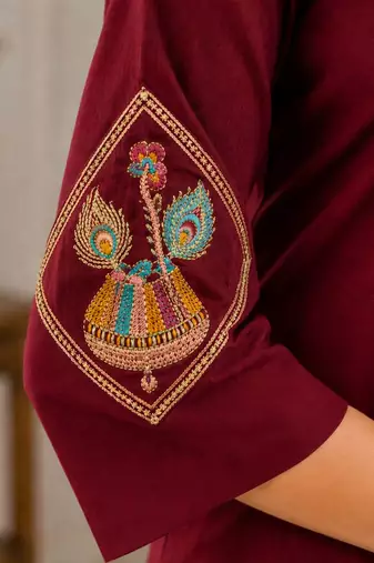 Cotton blend maroon embroidered kurta with pant set for women